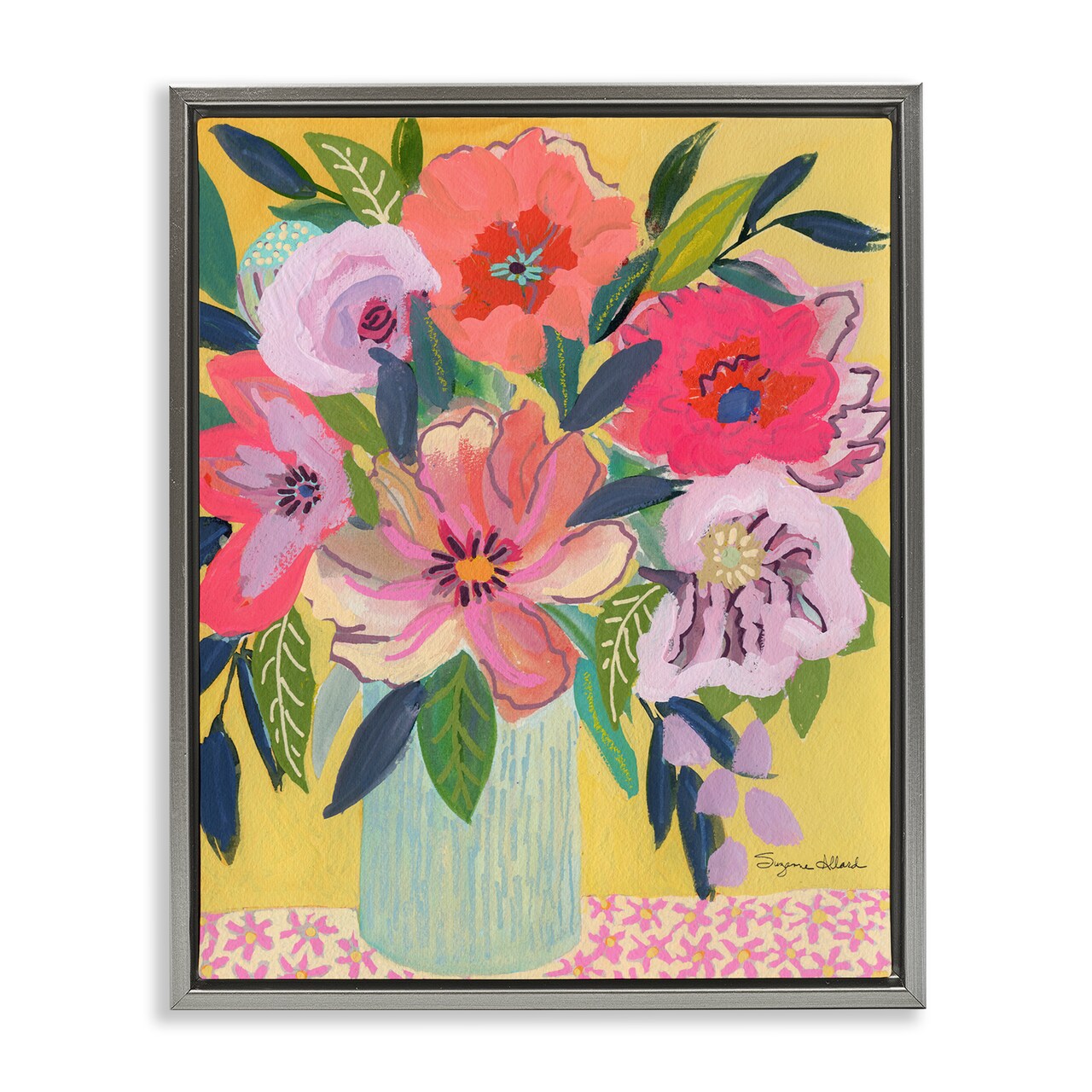 Stupell Industries Vibrant Pink Bouquet on Yellow Floating Frame Design by Suzanne Allard